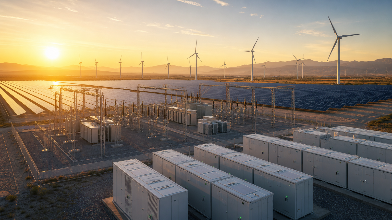 Solar panels beside transmission infrastructure under a bright sky (AI-generated image)